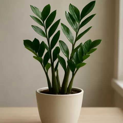 ZZ plant (Zamioculcas zamiifolia) with glossy pinnate leaves in a ceramic pot lit by natural window light